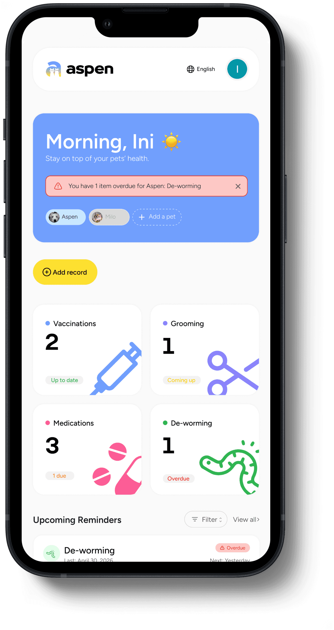 Aspen app dashboard showing pet care reminders